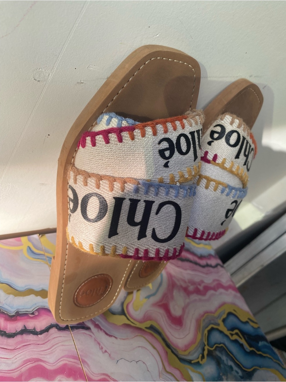 Chloe Woody Embroidered Canvas Logo Flat Slide Sandal Size 38 US 8 Boho - Picture 3 of 12